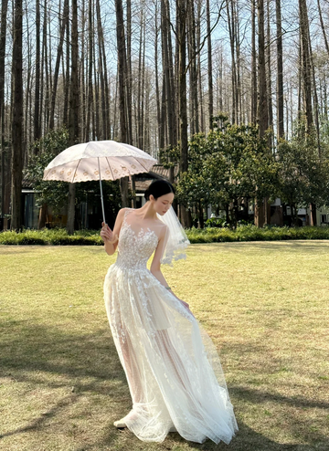 Pretty A Line 3D Floral Tulle Long Prom Dress Wedding Dress HZ1023